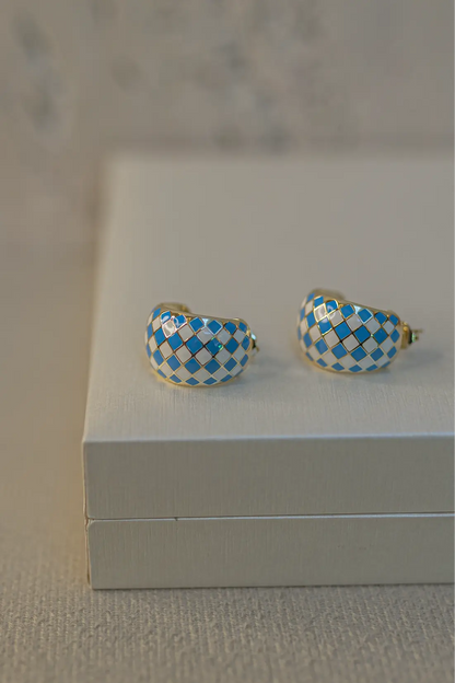 Brinco Argola Bojuda Esmaltada Azul Dourada