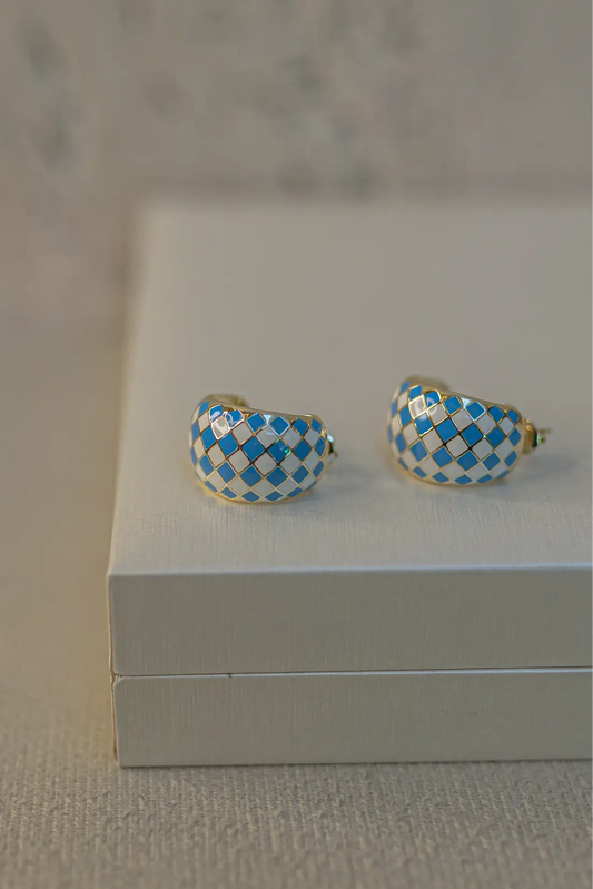 Brinco Argola Bojuda Esmaltada Azul Dourada