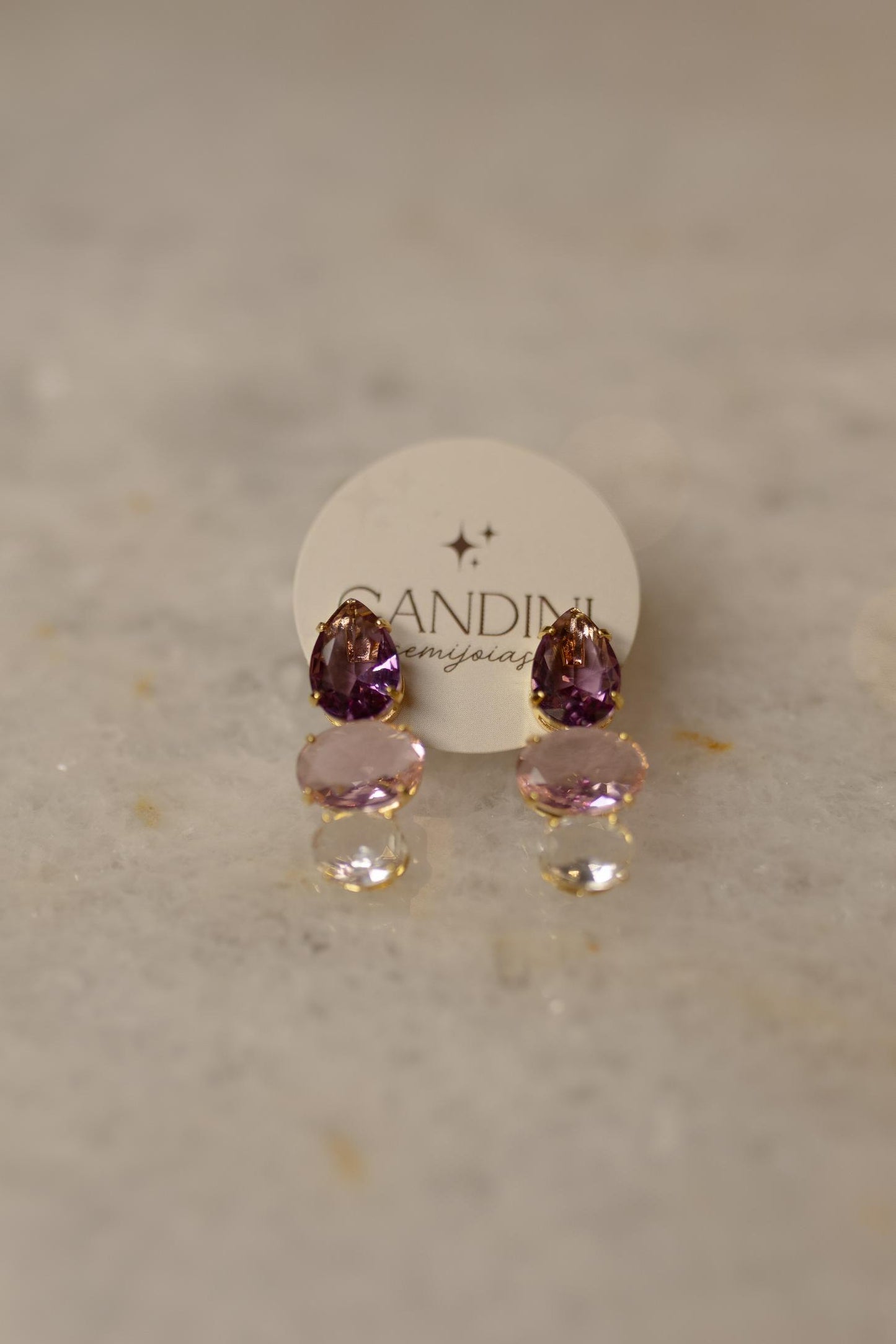 Brinco Gota Roxa Cristal Dourado