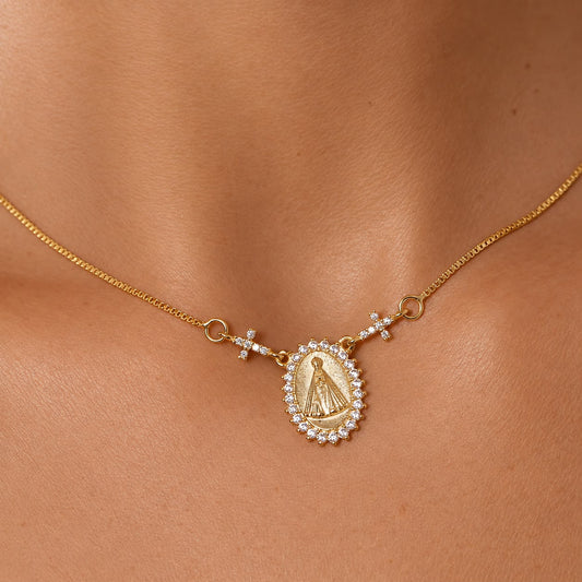 Colar Nossa Senhora das Aparecida Cruz Cravejado Dourado
