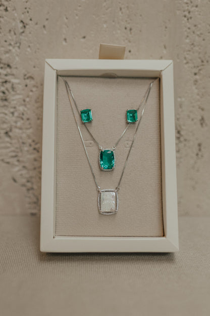 Brinco Solitário Retangular Verde Paraiba Ródio Branco