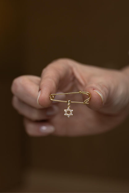 Alfinete Prata 925 Estrela de Davi Banho de Ouro 18k