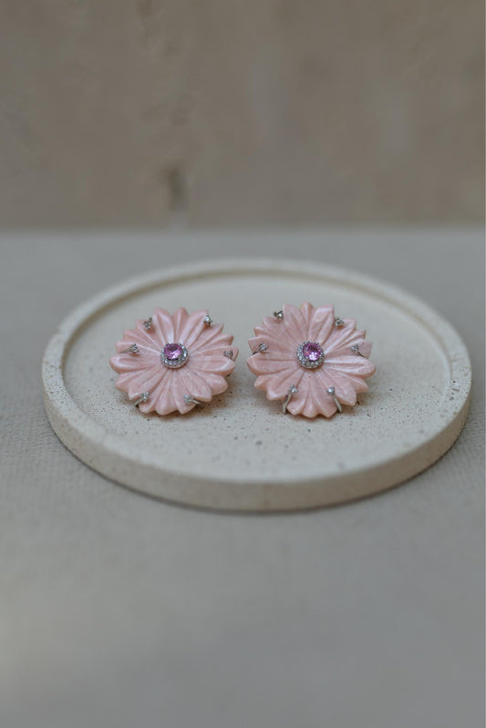 Brinco Flor Rosa Baquelite Prata 925 Ródio Branco