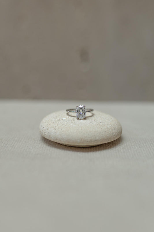Anel Prata 925 Moissanite Oval Ródio Branco