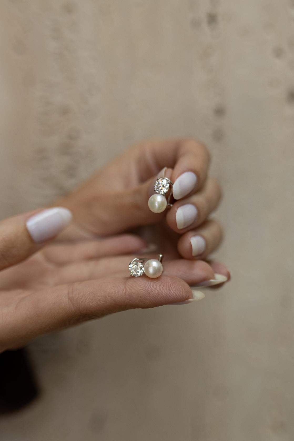 Brinco Ponto de Luz e Pérola Moissanite Prata 925 Ródio Branco
