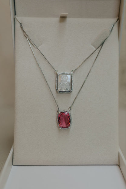 Colar Escapulário Madrepérola Safira Rosa Ródio Branco