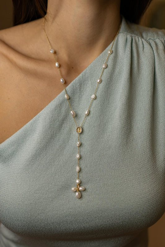 Colar Terço Pérolas Nossa Senhora das Graças Dourado