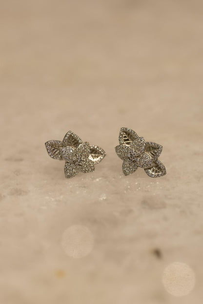 Brinco Ear Cuff Folhas e Flor Cravejada Prata 925 Ródio Branco