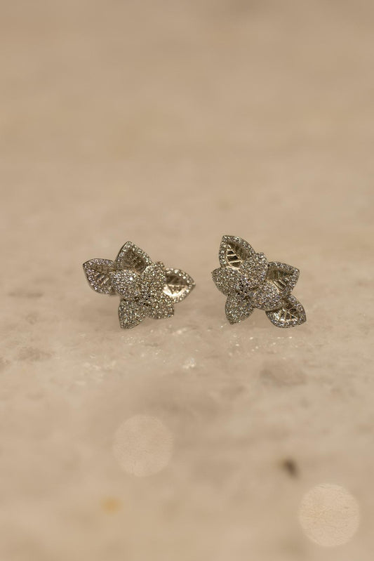 Brinco Ear Cuff Folhas e Flor Cravejada Prata 925 Ródio Branco