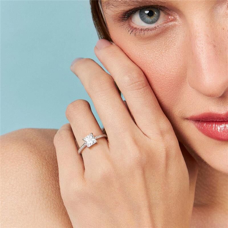 Anel Solitário Quadrado Cravejado Prata 925 Ródio Branco