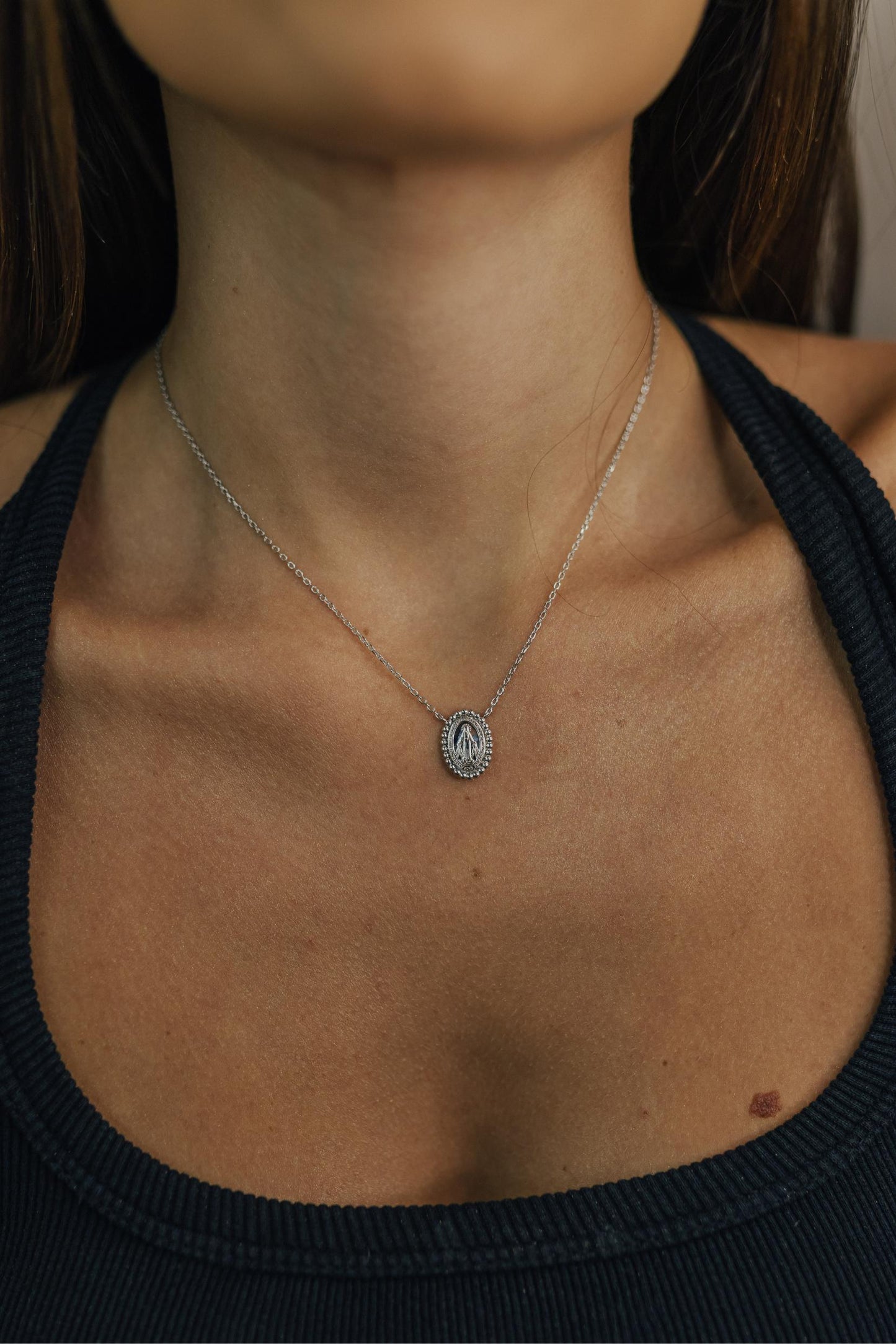 Colar Nossa Senhora das Graças Bolinhas Prata 925 Ródio Branco