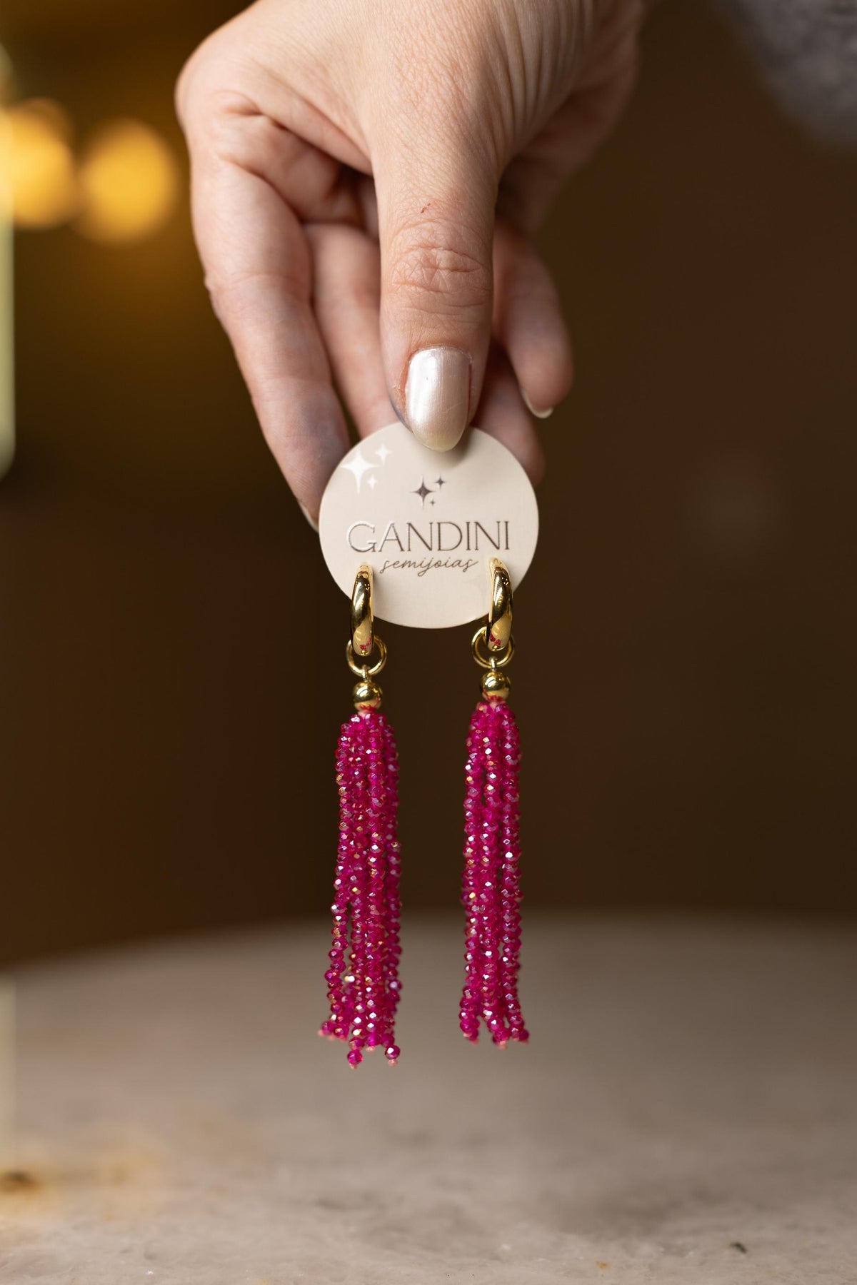 Brinco Chuva Cristal Rosa Dourado