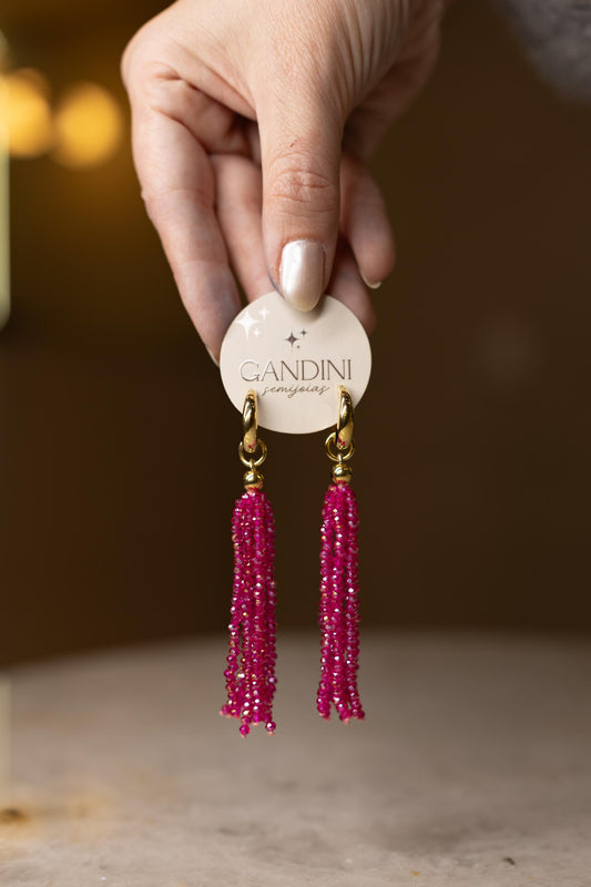Brinco Chuva Cristal Rosa Dourado