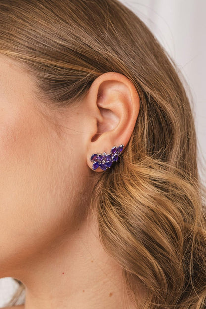 Brinco Ear Cuff Pedras Ametista Ródio Branco