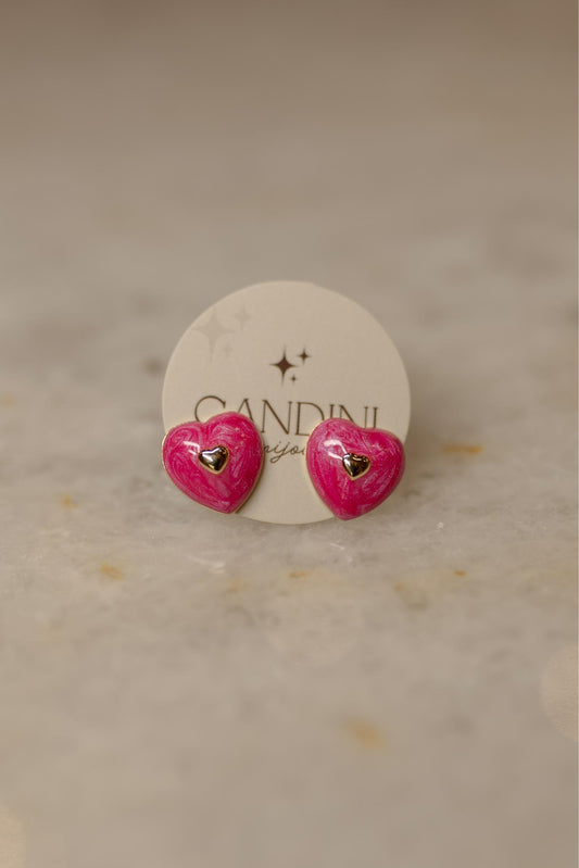 Brinco Esmaltado Coração Rosa Dourado