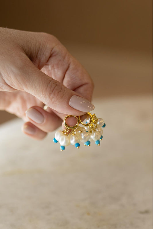 Brinco Argola Cacho Pérolas Turquesa Dourado