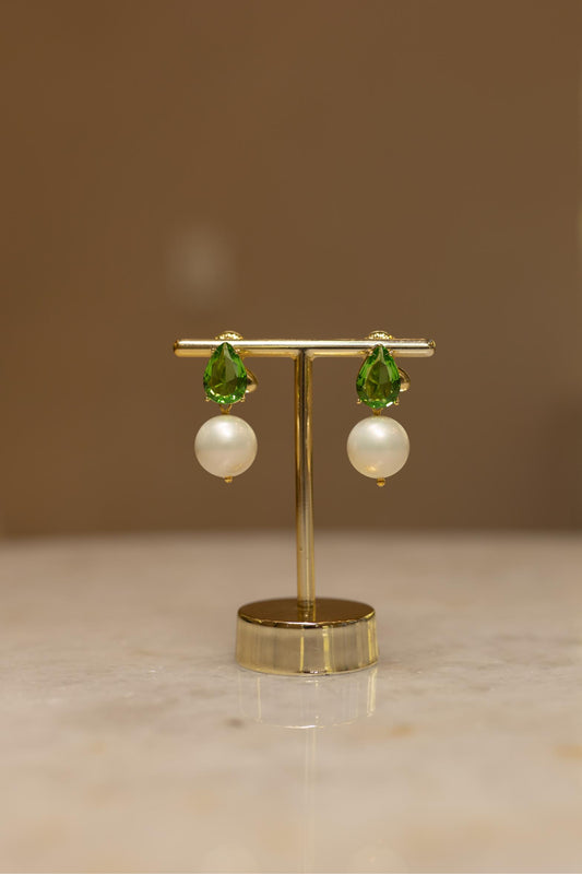 Brinco Gota Verde e Pérola Dourado