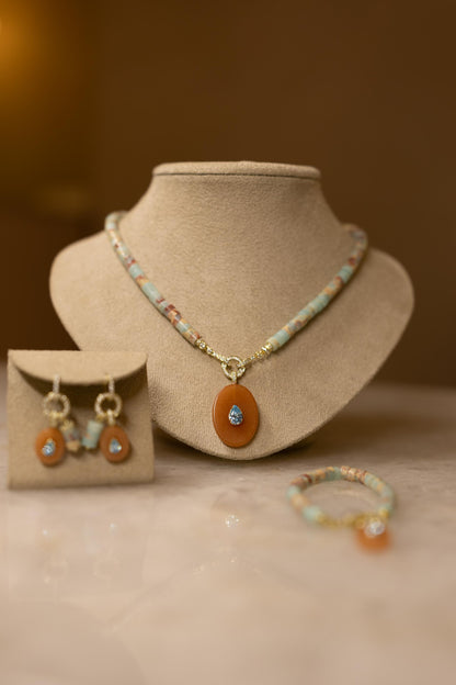 Colar Sunstone Cristal Água Marinha Jasper Dourado