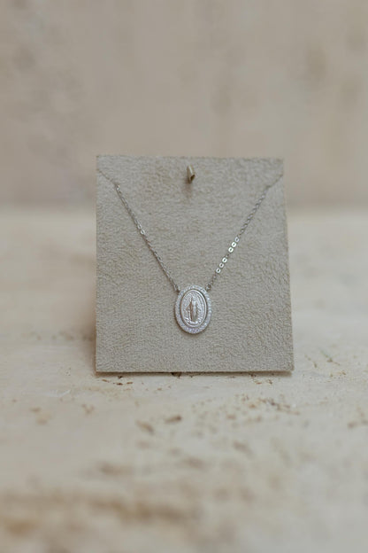 Colar Nossa Senhora das Graças Borda Cravejada Prata 925 Ródio Branco