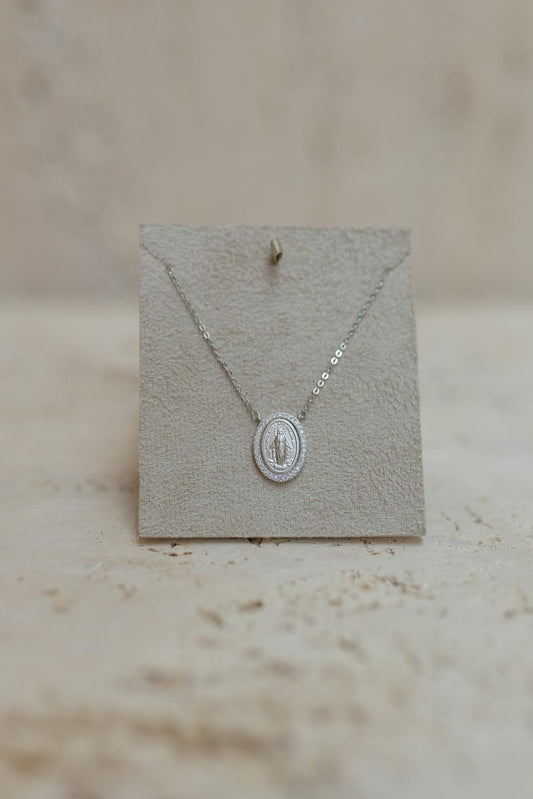 Colar Nossa Senhora das Graças Borda Cravejada Prata 925 Ródio Branco
