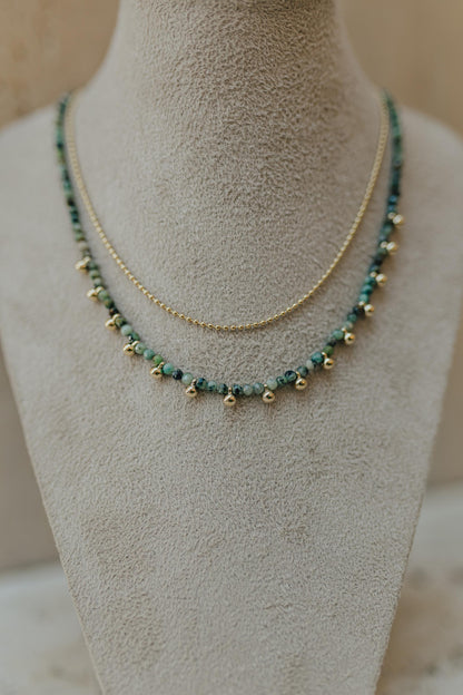 Colar Choker Mini Bolinhas e Turmalina Africana Dourado