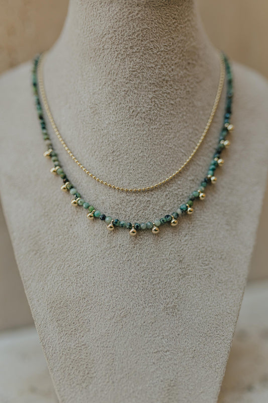 Colar Choker Mini Bolinhas e Turmalina Africana Dourado
