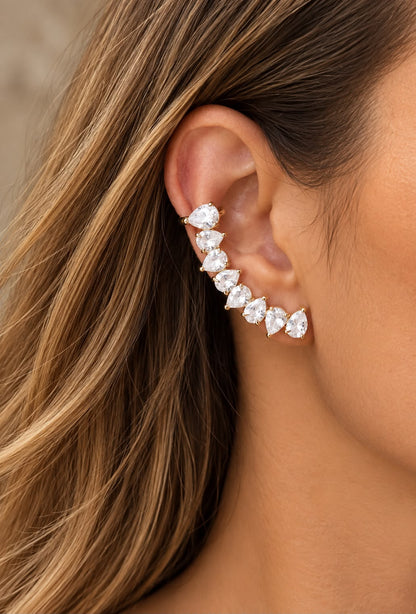 Brinco Ear Cuff Gotas Invertidas Cristal Ródio