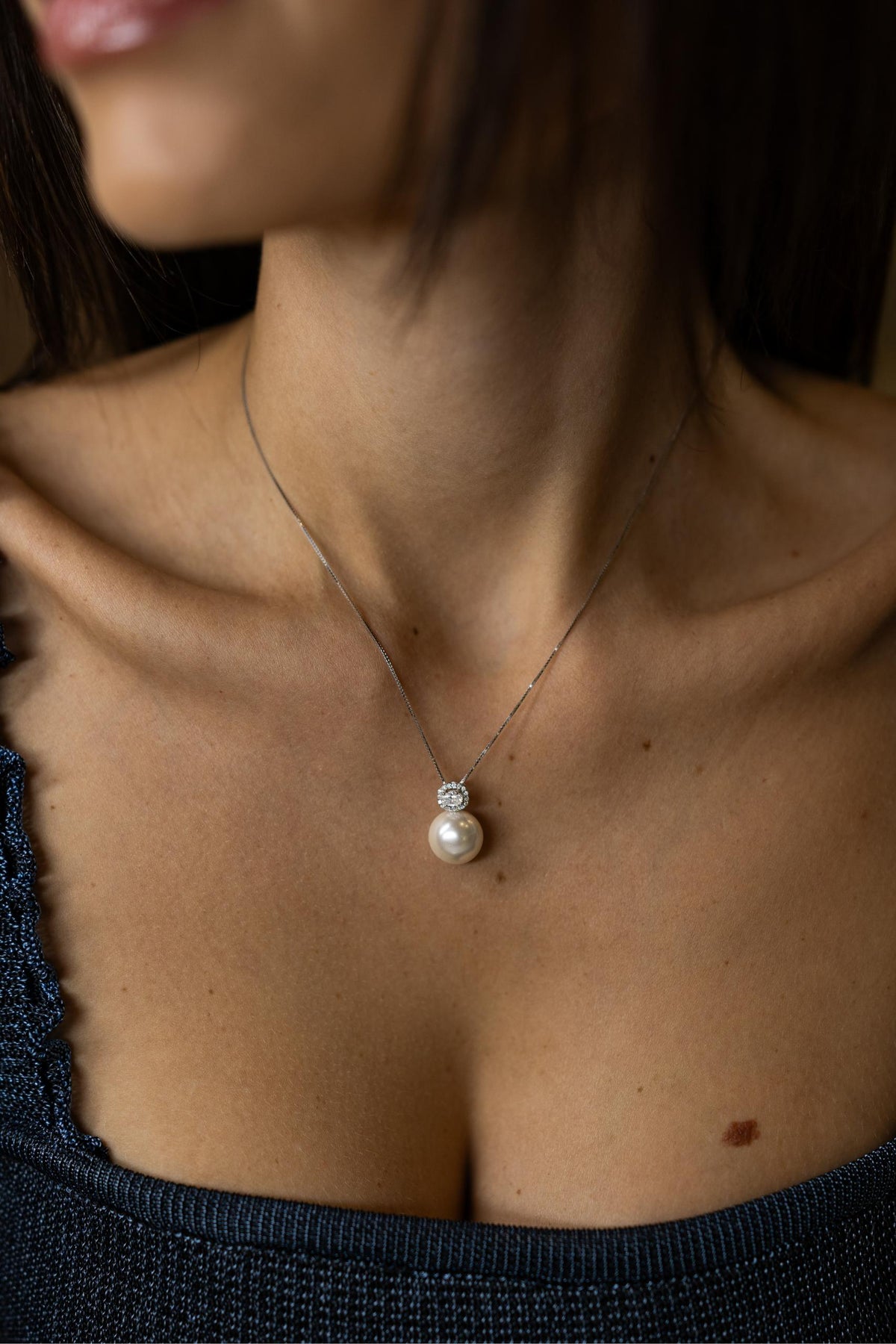 Colar Pérola e Oval Moissanite Prata 925 Ródio Branco