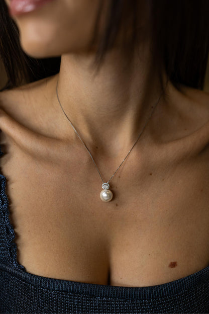 Colar Pérola e Oval Moissanite Prata 925 Ródio Branco
