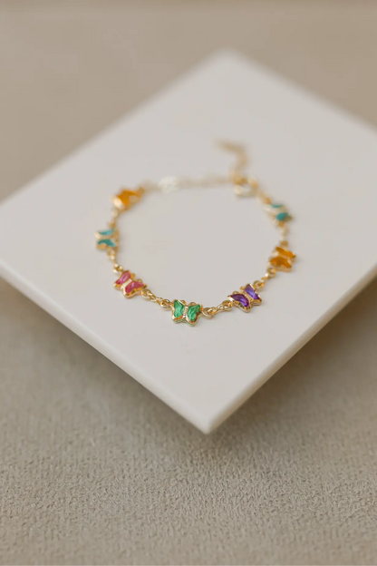 Pulseira Infantil de Borboletas Coloridas Ouro
