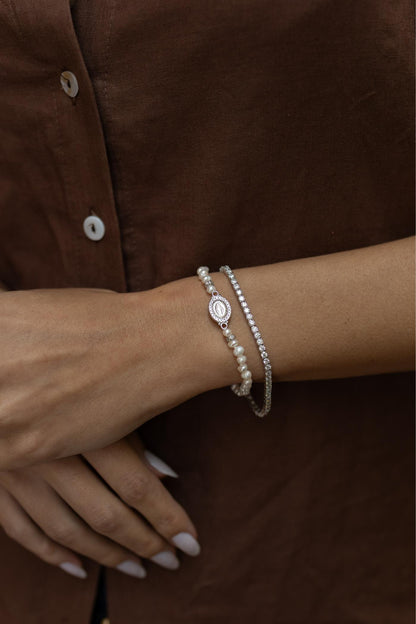 Pulseira Nossa Senhora das Graças Pérola de Água Doce Prata 925 Ródio Branco