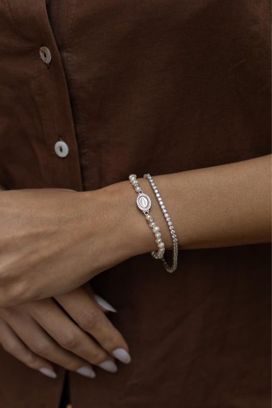 Pulseira Nossa Senhora das Graças Pérola de Água Doce Prata 925 Ródio Branco