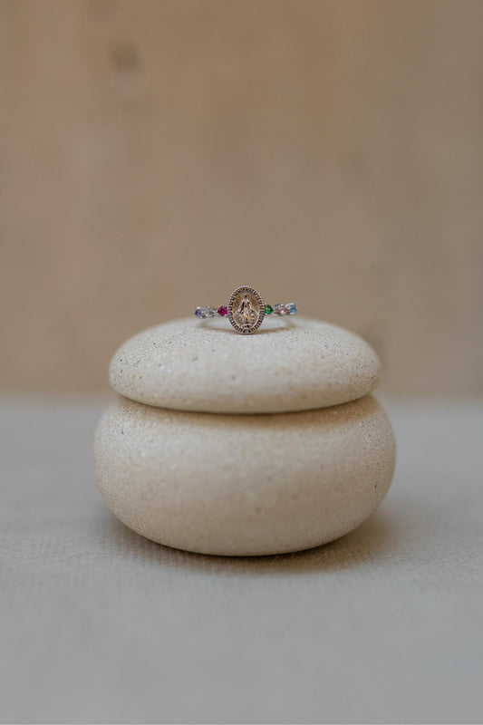 Anel Nossa Senhora das Graças Rainbow Prata 925 Ródio Branco