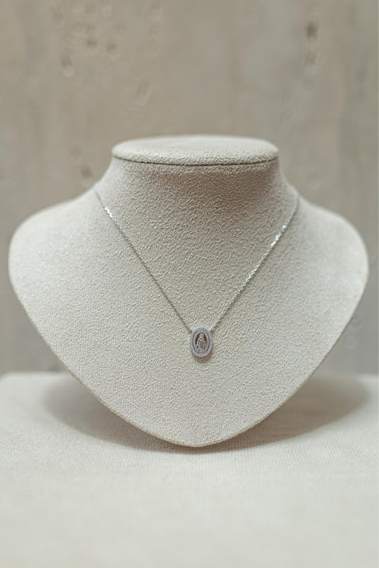 Colar Nossa Senhora das Graças Borda Cravejada Prata 925 Ródio Branco