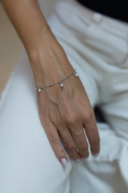 Pulseira Pérola Natural Moissanite Prata 925 Ródio Branco