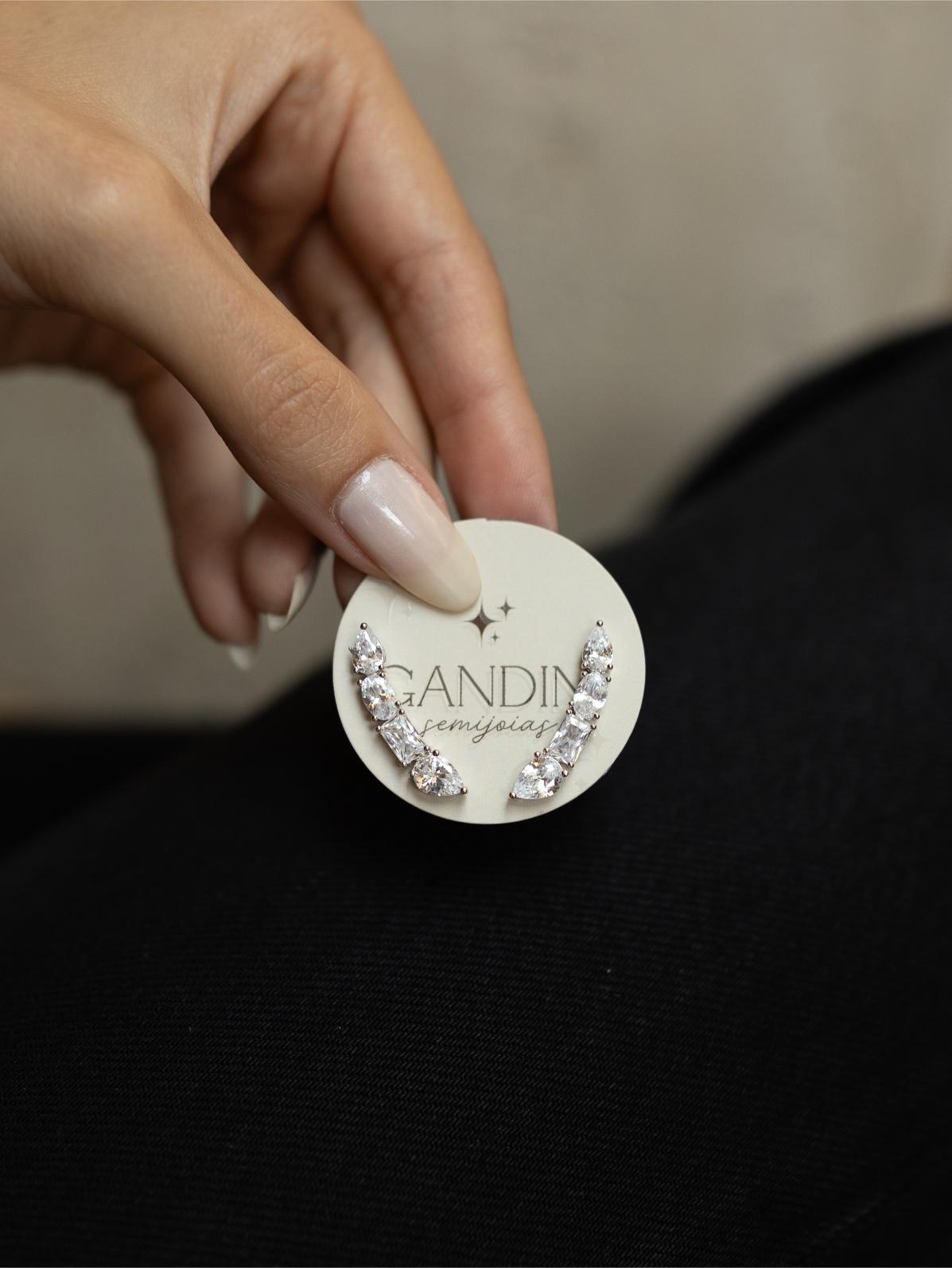 Brinco Ear Cuff Formas Cristal Slim Ródio Branco