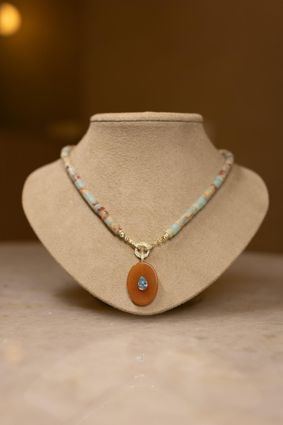 Colar Sunstone Cristal Água Marinha Jasper Dourado
