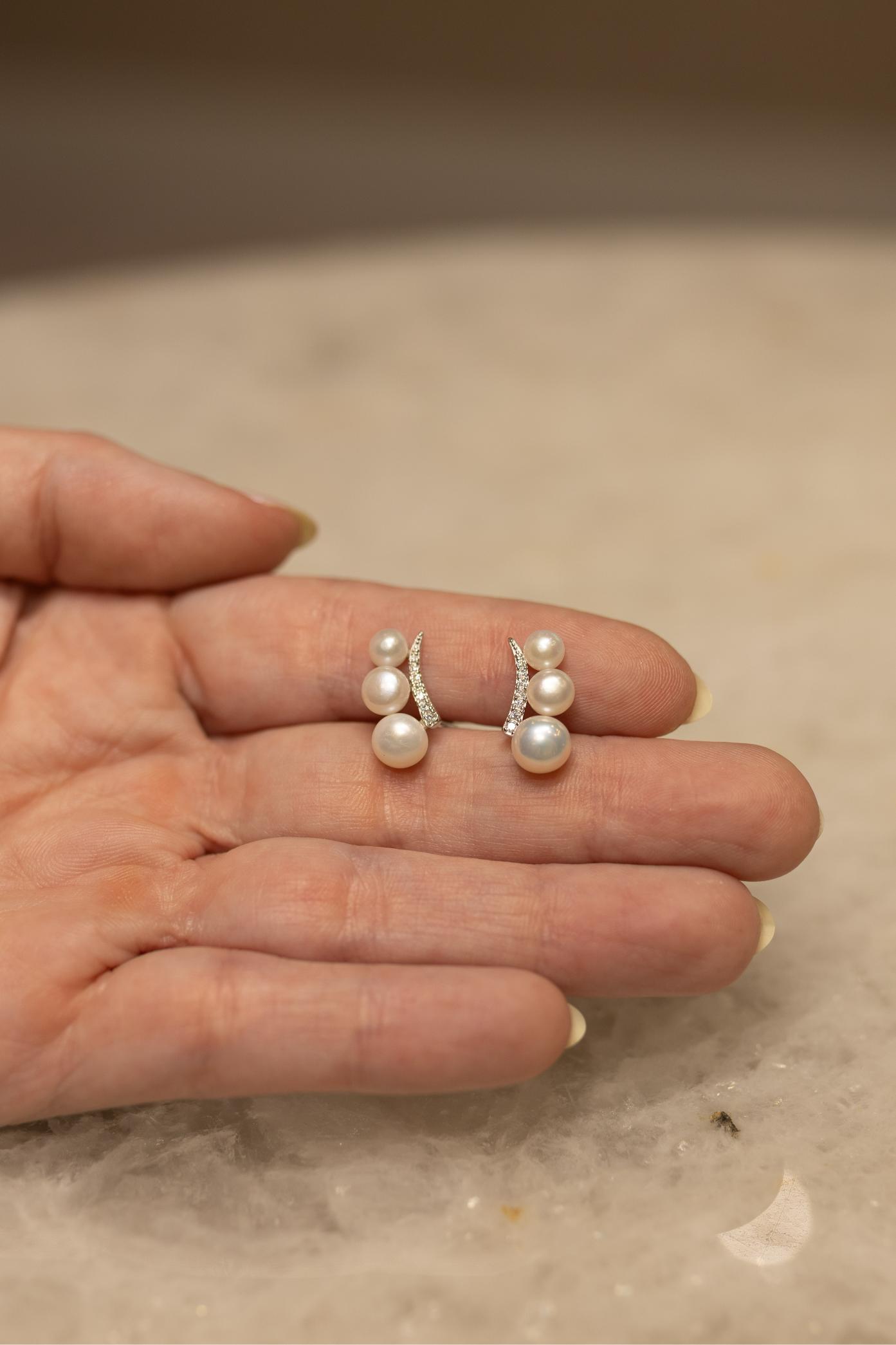 Brinco Mini Ear Cuff Pérolas Moissanite Prata 925 Ródio Branco