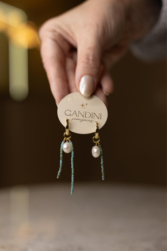 Brinco Argola Pingente Pérola Raolita Turquesa Dourado