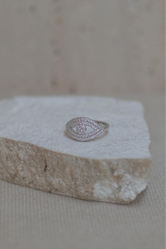 Anel Olho Grego Cravação Pavê Prata Ródio Branco