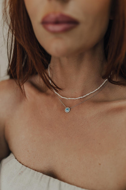 Colar de Olho Grego Cravejado Prata 925 Ródio Branco