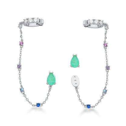 Brinco 2 em 1 Gota Turmalina Fusion Piercing Fake Ródio Branco