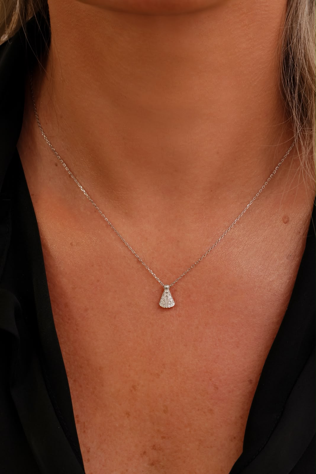 Colar Nossa Senhora Aparecida Moissanite Prata 925 Ródio Branco