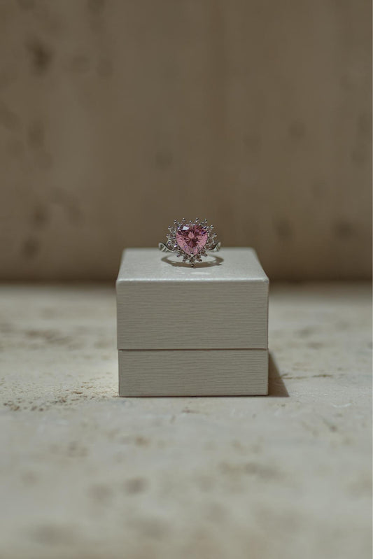 Anel Coração Borda Cravejada Rosa Ródio Branco