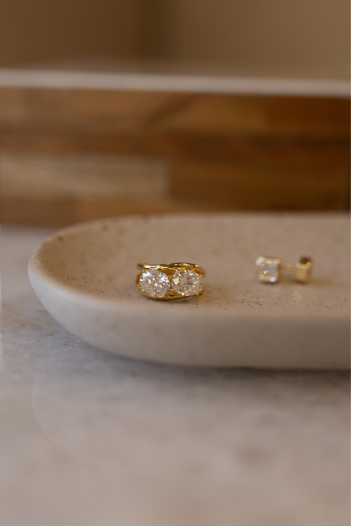 Anel Duplo Oval Moissanite Prata 925 Dourado
