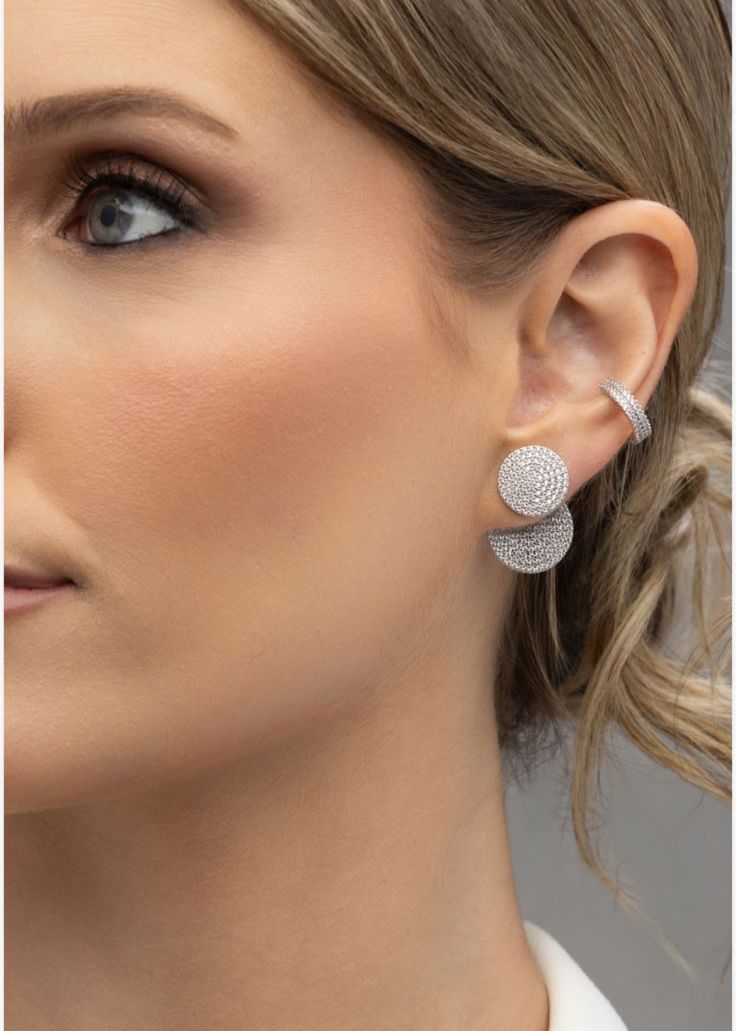 Brinco Ear Jacket Redondo Cravejado Ródio Branco