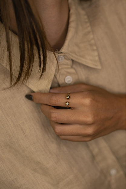 Anel Ajustável Minimalista 2 Bolas Dourado