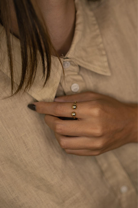 Anel Ajustável Minimalista 2 Bolas Dourado