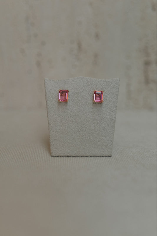 Brinco Solitário Retangular Safira Rosa Dourado