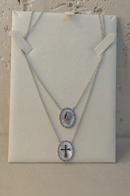 Colar Escapulário Madrepérola Rainbow Nossa Senhora das Graças Ródio Branco